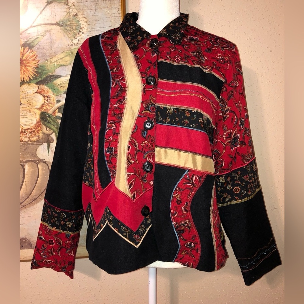 Sz M Koret Vintage Red & Black Corduroy Patchwork Jacket